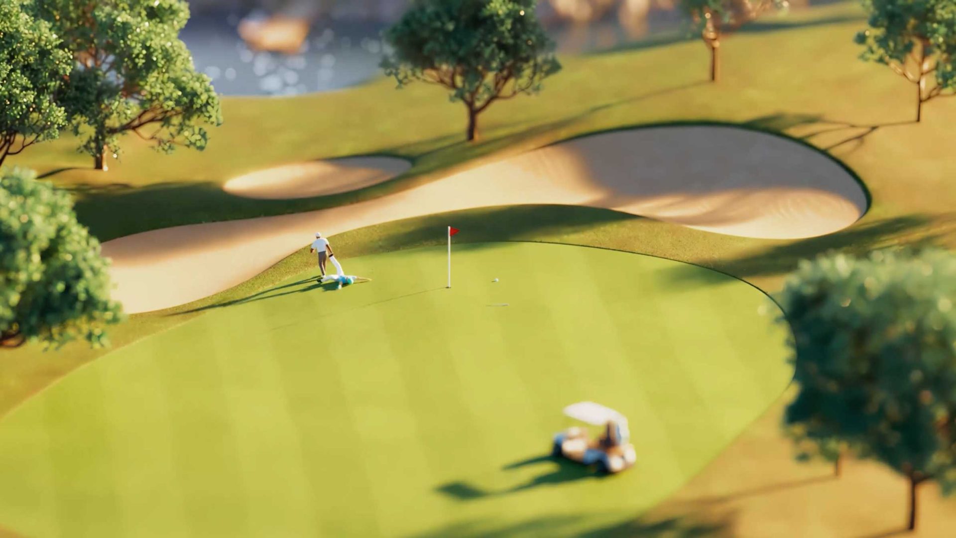 A golfer prepares to putt on a green near a sand bunker, with a golf cart nearby. Trees and a water feature surround the sunlit course, creating a serene outdoor setting reminiscent of an expertly designed mini golf scene by Cub Studio. Frame from Stash Magazine article.