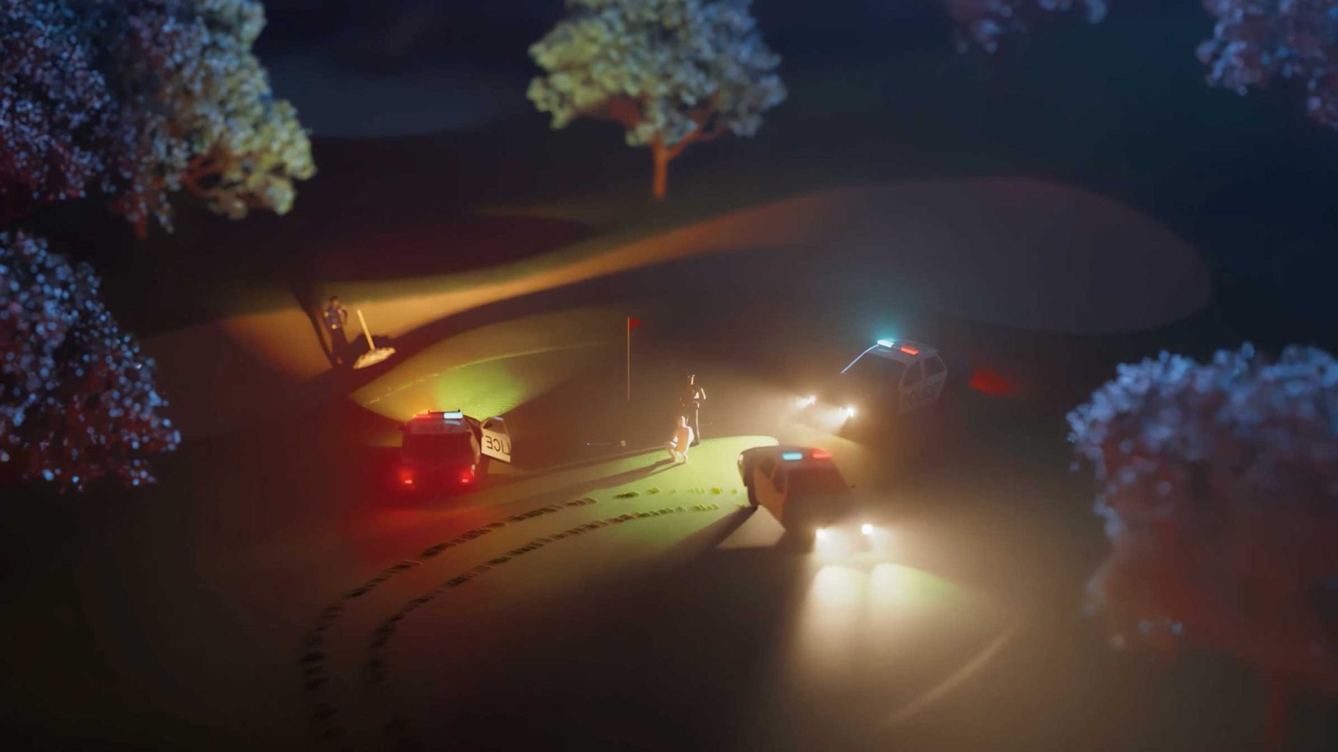 Three police cars with flashing lights surround a golf green at night in this Cub Studio “Mini Golf” comedy short film. A person stands near the flag, and footprints lead to the scene, while trees border the hazy, illuminated area. Frame from Stash Magazine article.