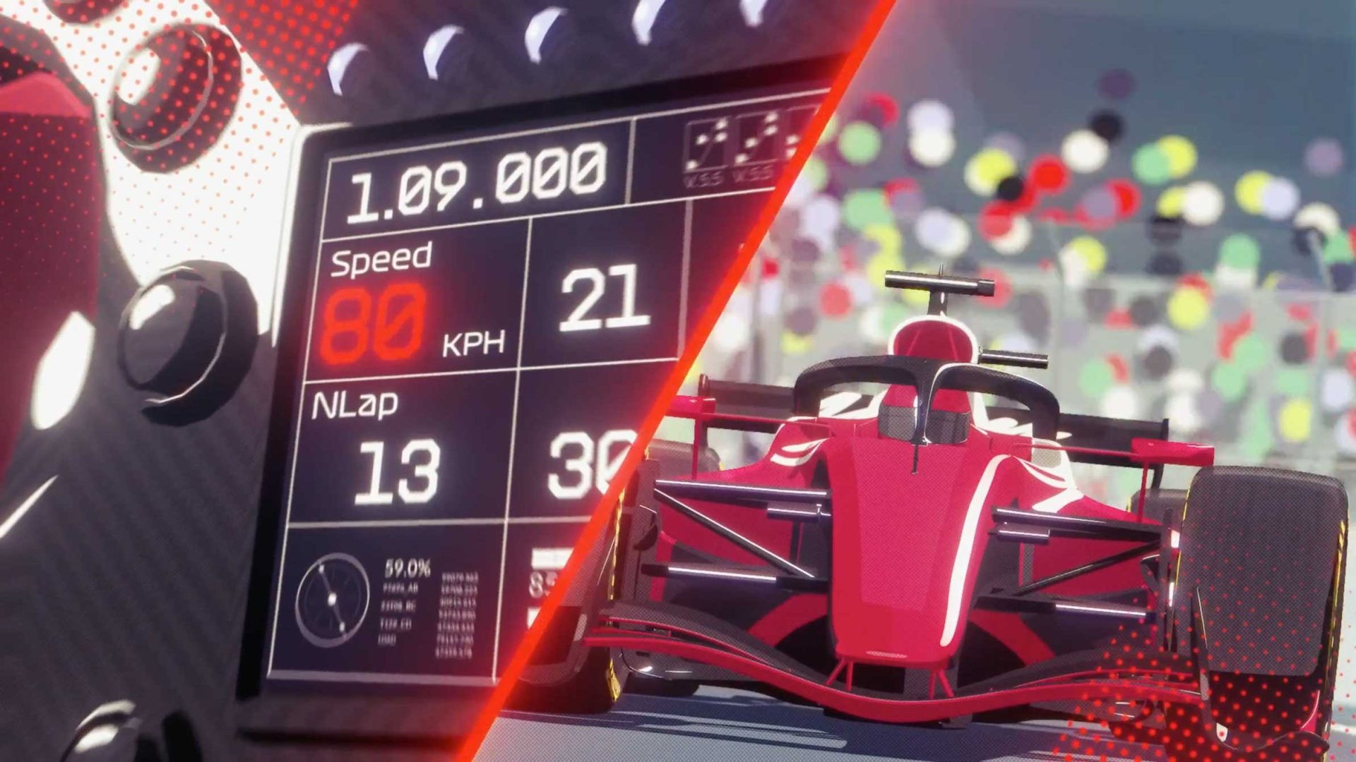 A split-screen image showing a race car dashboard displaying speed and lap info on the left, and a red Formula 1-style race car—illustrated in the distinctive Cub Studio aesthetic—driving in front of a blurred crowd on the right, serving as a visual guide to the excitement of motorsport. Frame from Stash Magazine article.