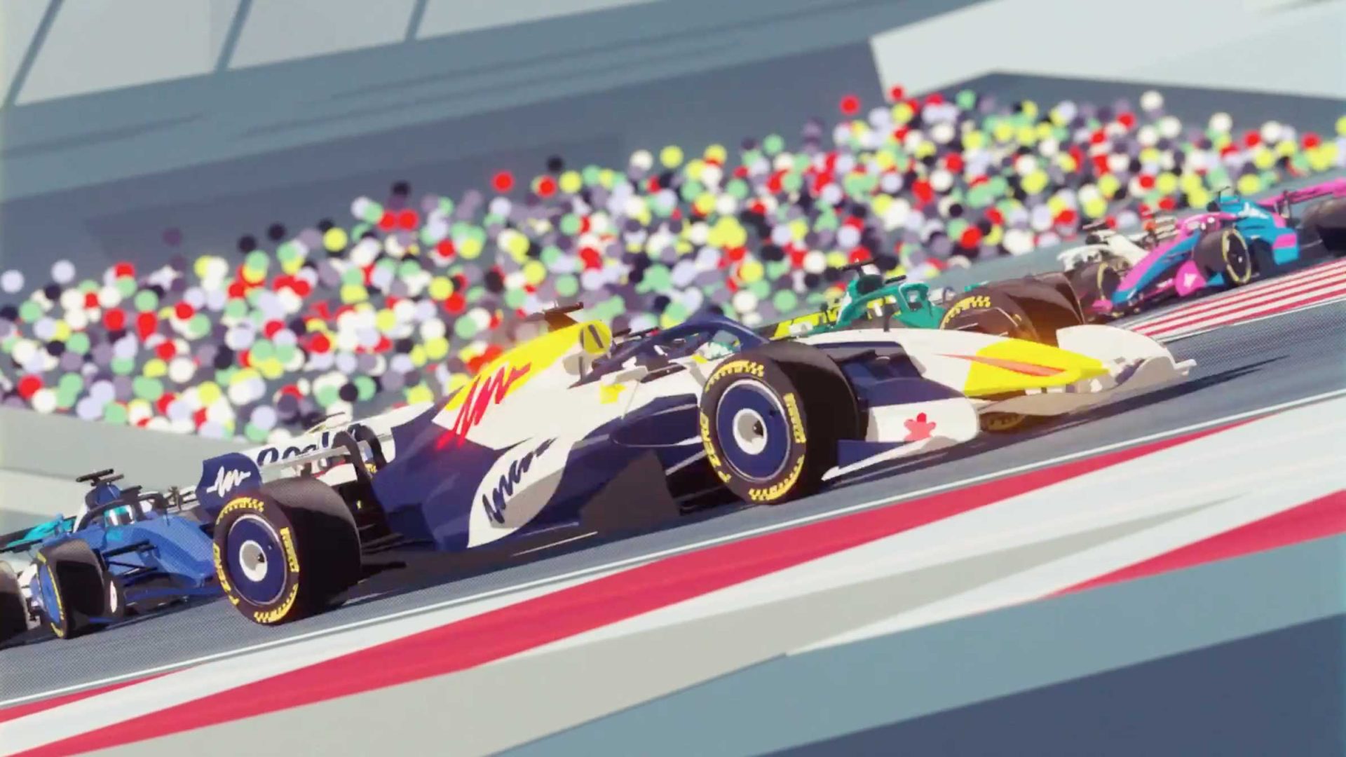 Animated scene by Cub Studio of Formula 1 race cars speeding on a racetrack, with colorful blurred crowds in the background and several cars closely competing in the foreground, serving as a vibrant guide to high-stakes racing action. Frame from Stash Magazine article.