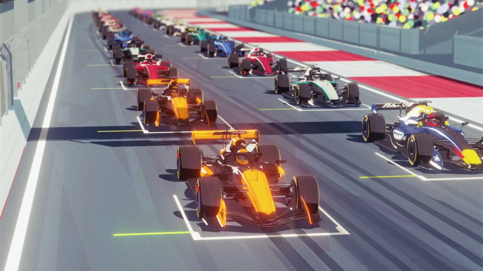 Animated race cars, inspired by the thrilling world of Formula 1, line up at the starting grid of a racetrack, with crowded grandstands in the background. The leading car is orange, and the scene is brightly lit, evoking a sense of anticipation before the race—just like a high-octane guide to racing excitement. Frame from Stash Magazine article.
