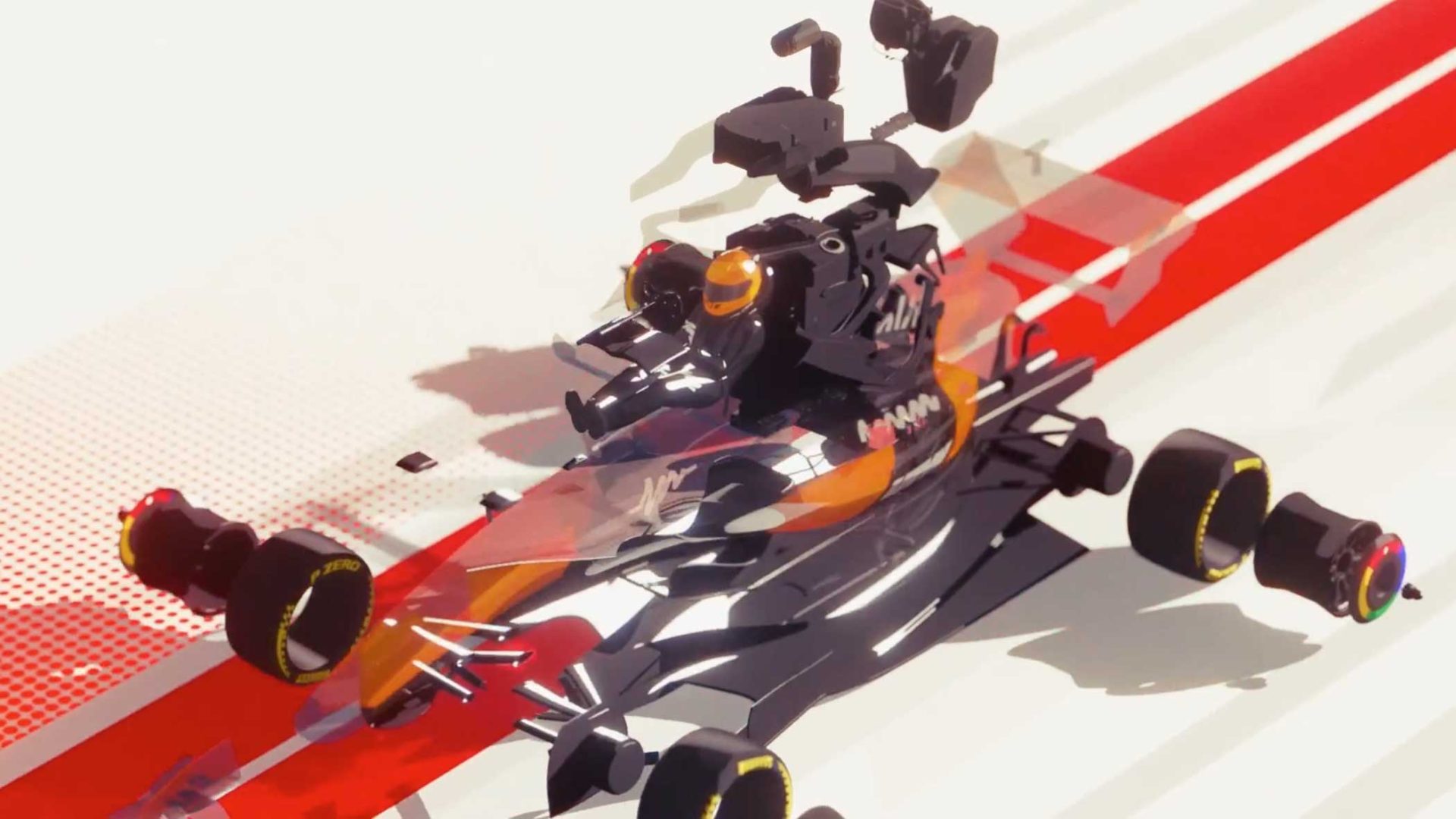 A futuristic, black and orange race car with mechanical and robotic features speeds along a track with red and white stripes. The design is sleek, angular, and stylized, evoking a sci-fi aesthetic—perfectly embodying the vision behind Cub Studio animates High-Octane Guide to Formula 1 2026. Frame from Stash Magazine article.