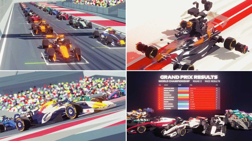 Four-panel image: Formula 1 cars racing, a car crash, multiple cars competing, and a scoreboard displaying Grand Prix race results—all rendered in Cub Studio’s vibrant, stylized animation style—create an engaging visual guide to the excitement of Formula 1 racing. Frame from Stash Magazine article.