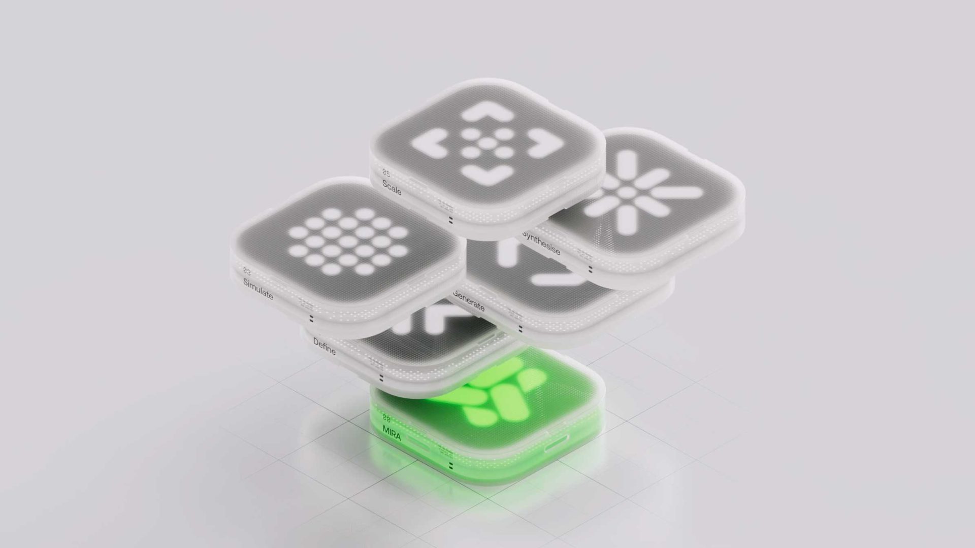 Six futuristic, glowing white cubes with various symbols are stacked in a staggered pattern; the bottom cube emits a green light, while the others glow white against a soft gray background—an innovative visual concept by Wes Cockx for CuspAI’s latest Brand Film. Frame from Stash Magazine article.