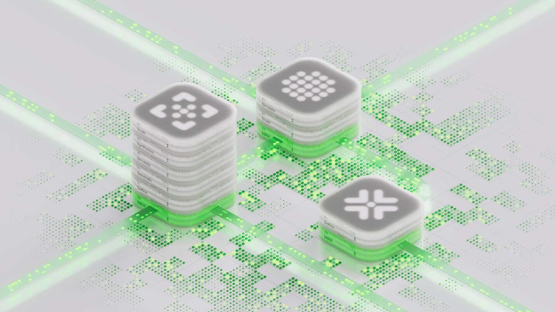 3D-rendered image of three stacks of white, square chips with glowing green lines and abstract icons, connected by illuminated green pathways on a digital circuit-like background—created as part of a Brand Film for CuspAI by Wes Cockx. Frame from Stash Magazine article.