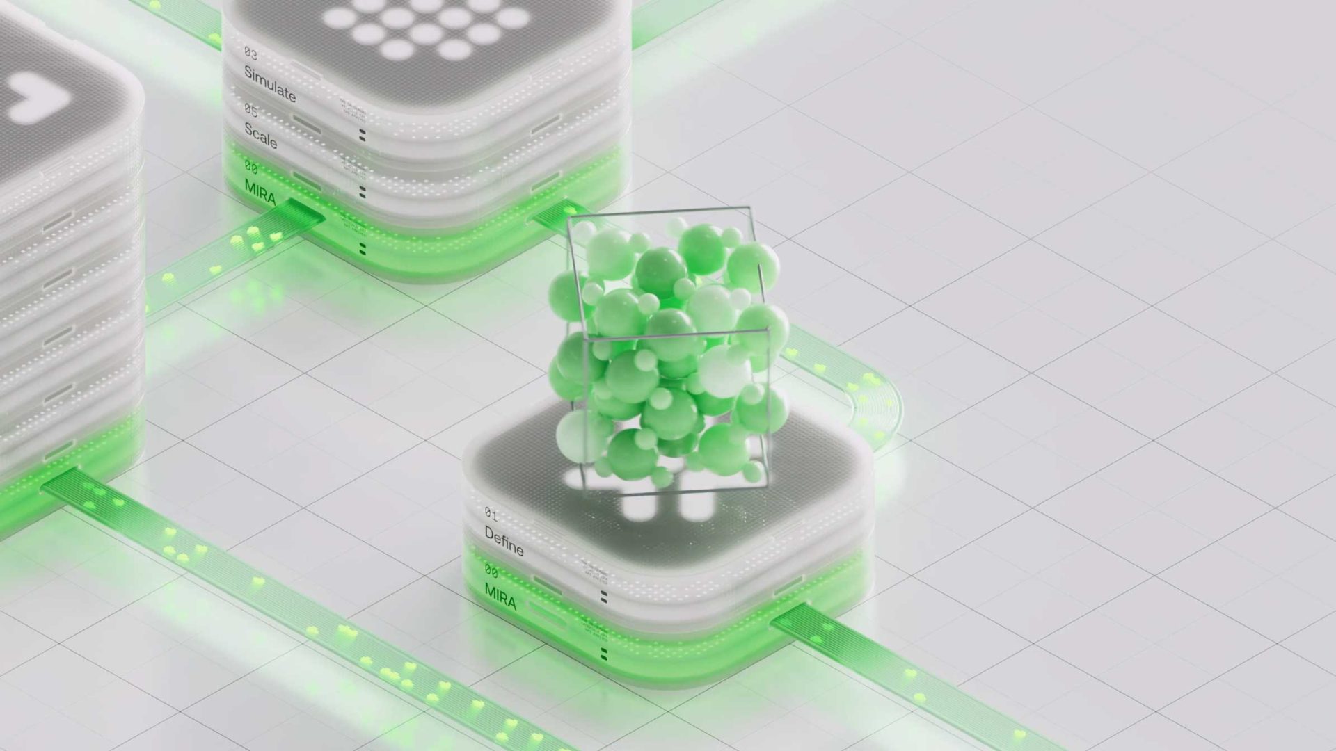 A 3D digital render inspired by Wes Cockx features stacked white blocks with glowing green edges, all seamlessly connected by green-lit pathways. The central block houses a transparent cube filled with green and white spheres, evoking a futuristic aesthetic in line with CuspAI's innovative spirit. The entire scene is set against a grid background, perfect for a captivating Brand Film visual. Frame from Stash Magazine article.
