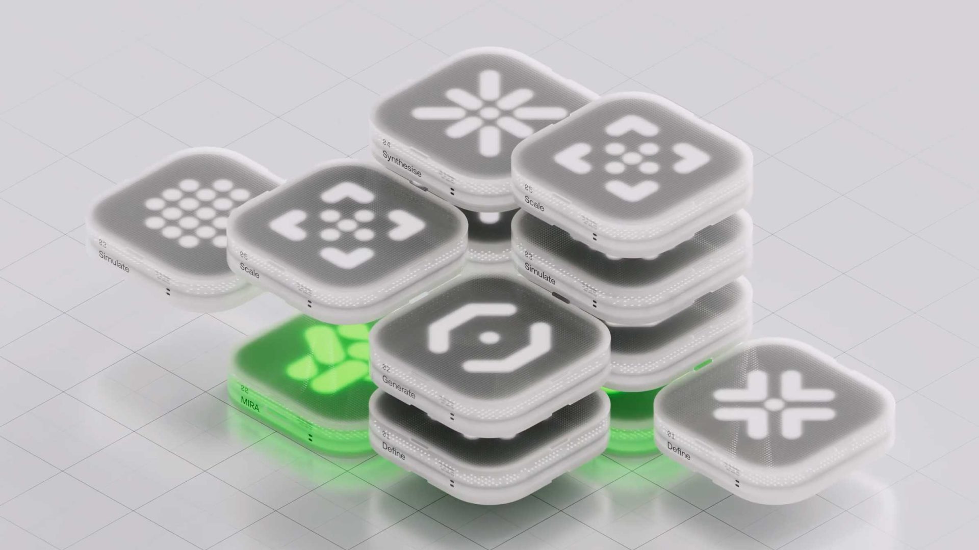 A cluster of glowing square devices with various white geometric symbols evokes the innovative spirit of the CuspAI Brand Film by Wes Cockx. Most are gray, while some are lit green from within, all stacked on a light grid-patterned surface. Frame from Stash Magazine article.