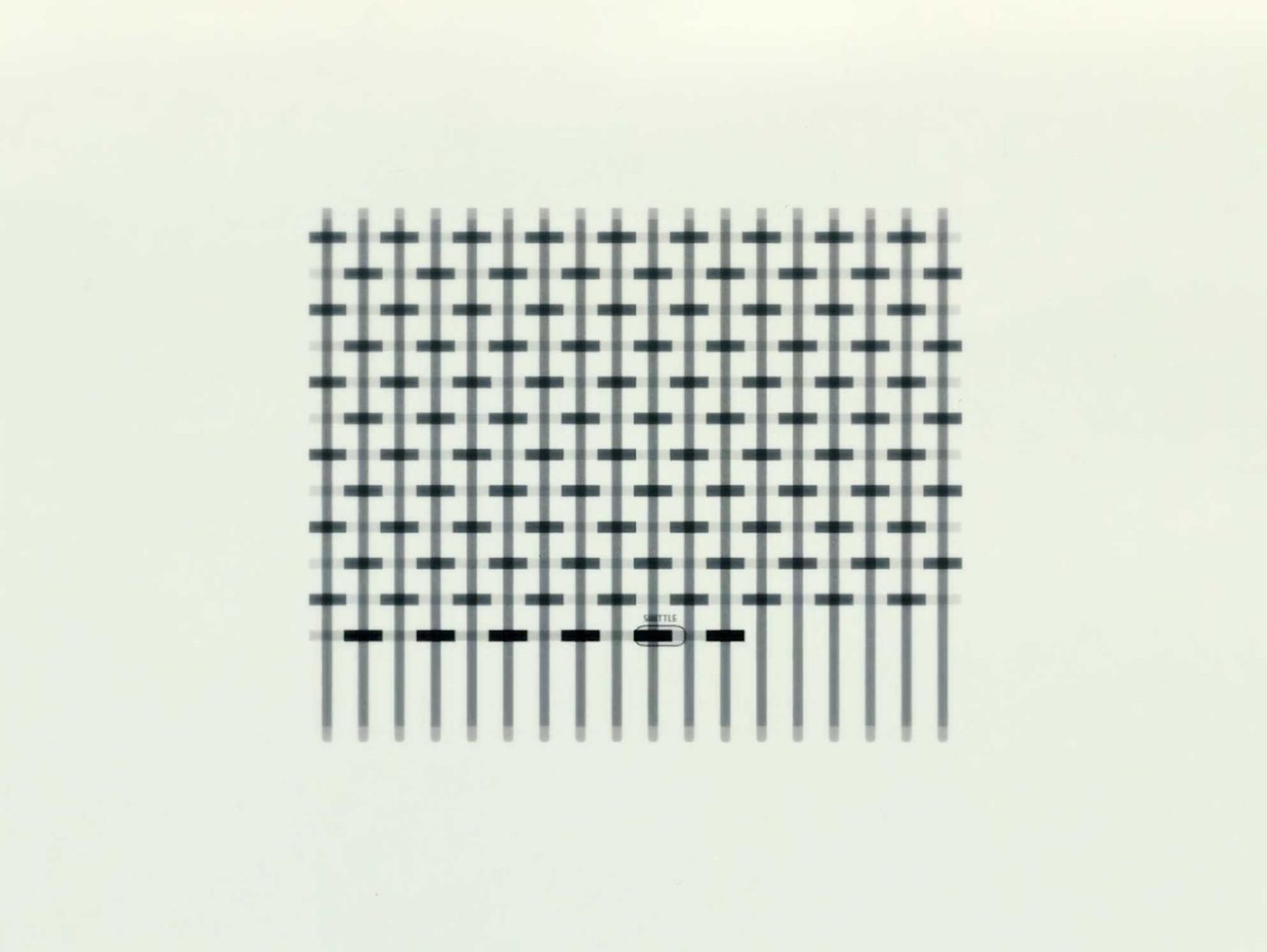 A black-and-white grid of overlapping vertical and horizontal textile bars, with a small rectangular label reading SHUTTLE near the bottom. Frame from Stash Magazine article.