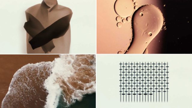 A collage featuring a person hugging themselves, close-up oil droplets, ocean waves breaking on a beach, and a grid of lines, reflecting the Cypher Releases Sonic Studies 1 aesthetic. Frame from Stash Magazine article.