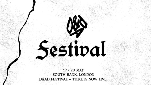 Black text on a white, textured background reads: D&AD FESTIVAL 2026. 19-20 May. South Bank, London. D&AD Festival – tickets now live. A jagged black line runs vertically on the left side. Frame from Stash Magazine article.