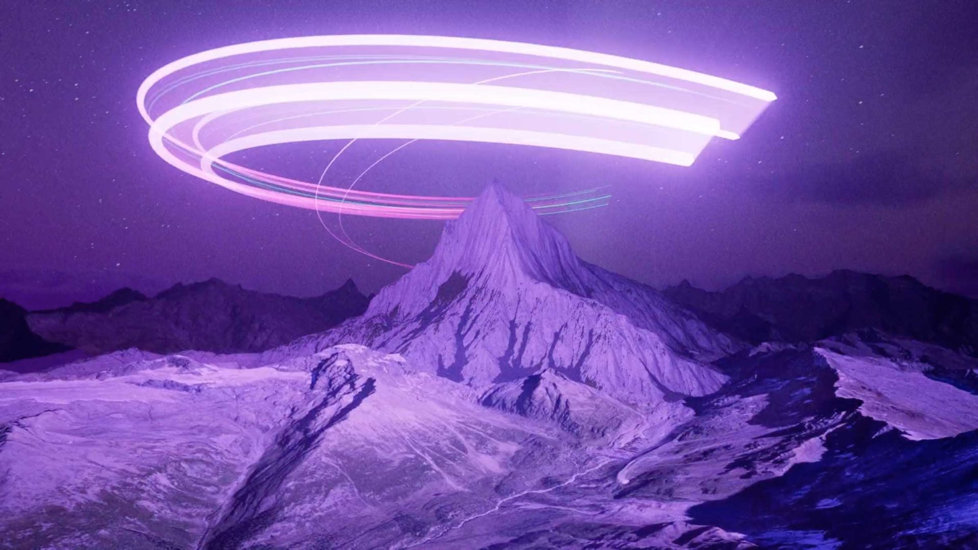 Snowy mountain peak under a night sky with swirling purple and pink light trails above, creating a surreal, futuristic atmosphere that blurs the boundaries between Geography and Sound & Light. Frame from Stash Magazine article.