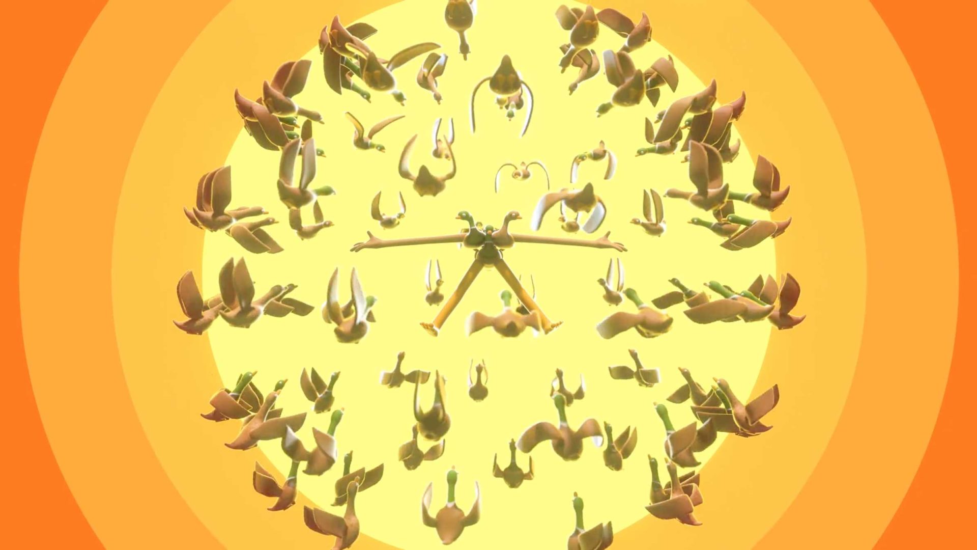 A stylized clock with two hands is surrounded by abstract bird figures—reminiscent of AJ Jefferies' DUCKS short film—flying in a circular pattern against a bright yellow and orange background, creating a radiant, sun-like effect. Frame from Stash Magazine article.