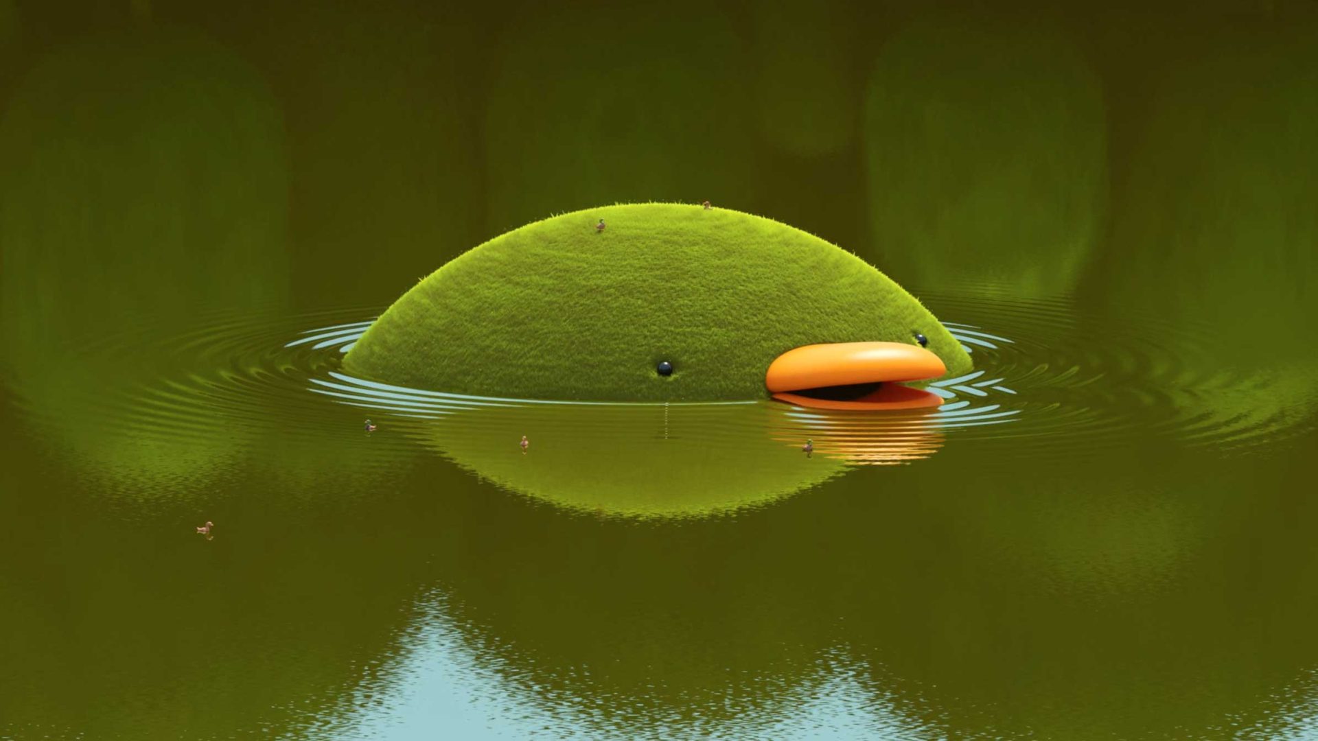 A large, dome-shaped, grassy creature with a bright orange beak floats partially submerged in calm green water, creating gentle ripples. Tiny creatures sit on its back—a whimsical scene from AJ Jefferies' DUCKS short film. Blurred green fills the background. Frame from Stash Magazine article.