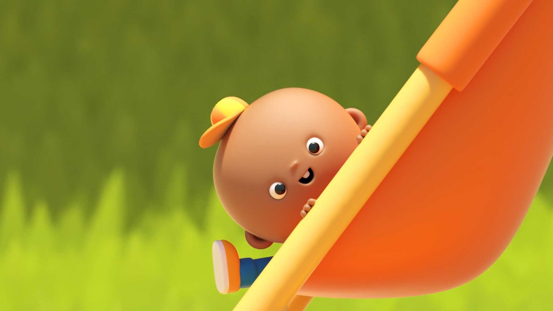 A smiling animated baby, inspired by AJ Jefferies' style, wearing a yellow cap peeks out from behind an orange slide against a blurred green background. Frame from Stash Magazine article.