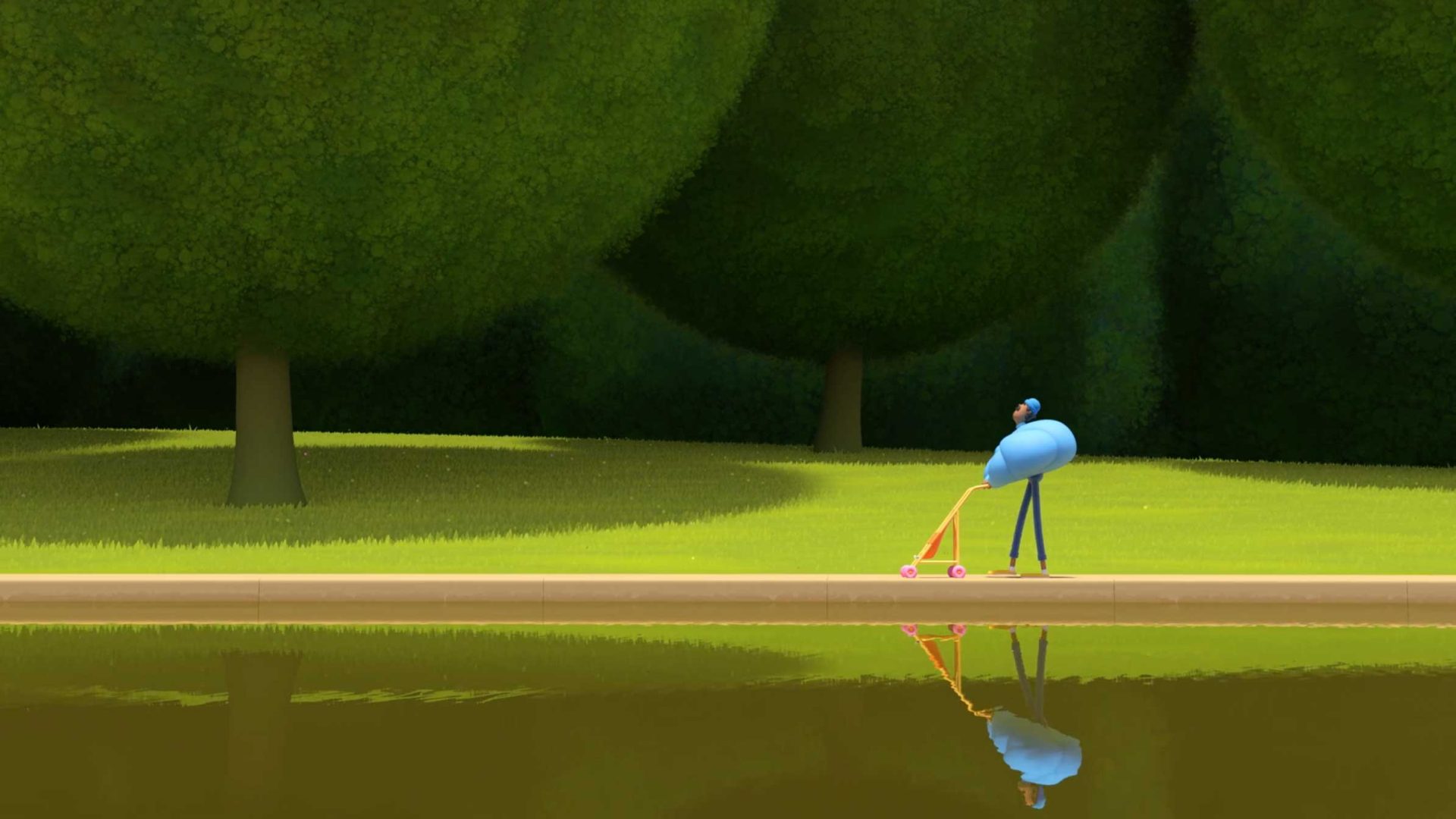 A stylized, cartoon figure pushes a pink stroller along a path beside a calm pond, inspired by DUCKS Short Film by AJ Jefferies. Large green trees frame the scene, and all are reflected in the water’s surface. Frame from Stash Magazine article.