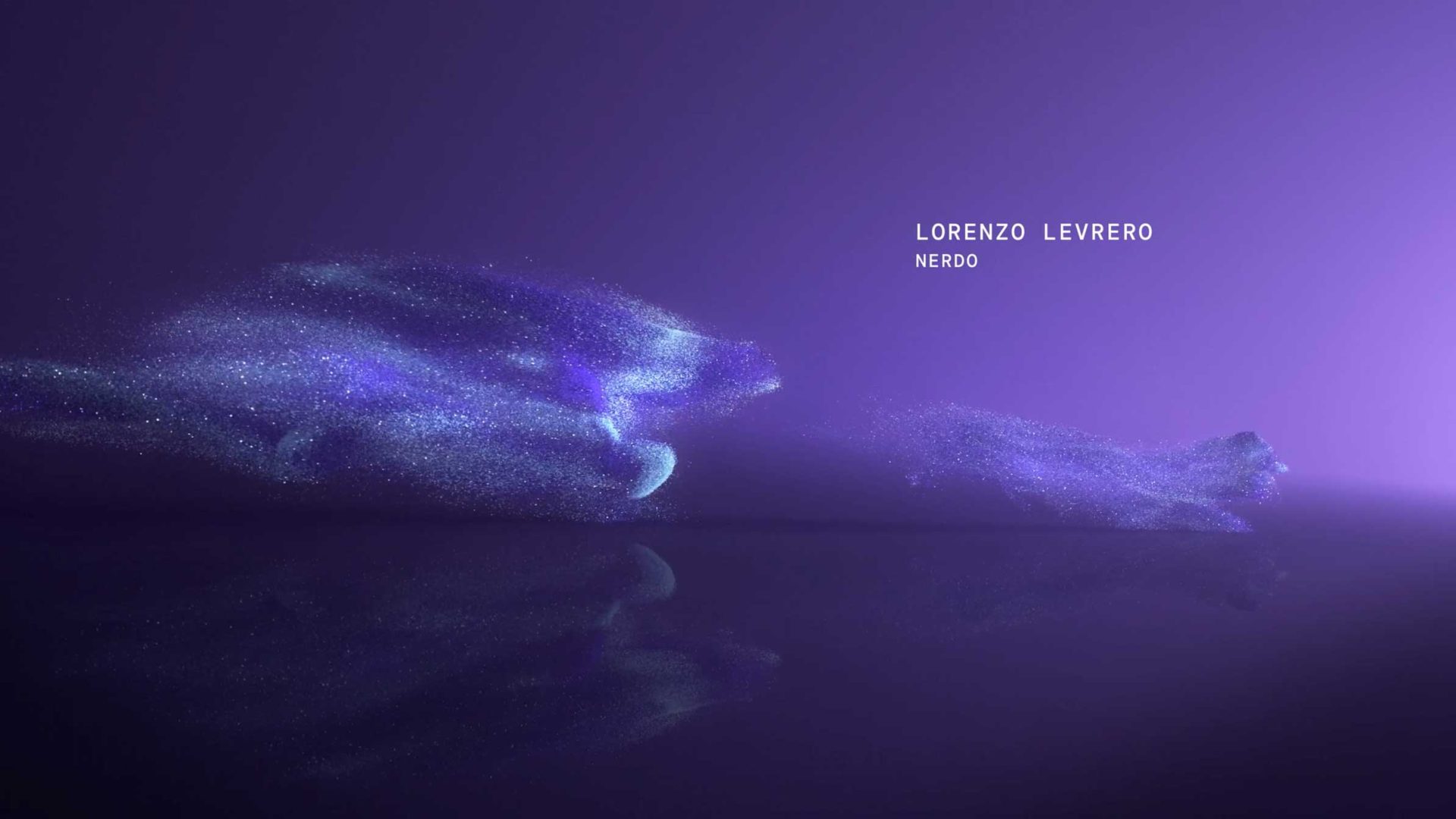 A fluent digital artwork featuring swirling, cloud-like particles in shades of purple and blue on a smooth purple background, with the text LORENZO LEVERO and NERDO in white in the upper right corner for Digital Design Days Milano 2026. Frame from Stash Magazine article.