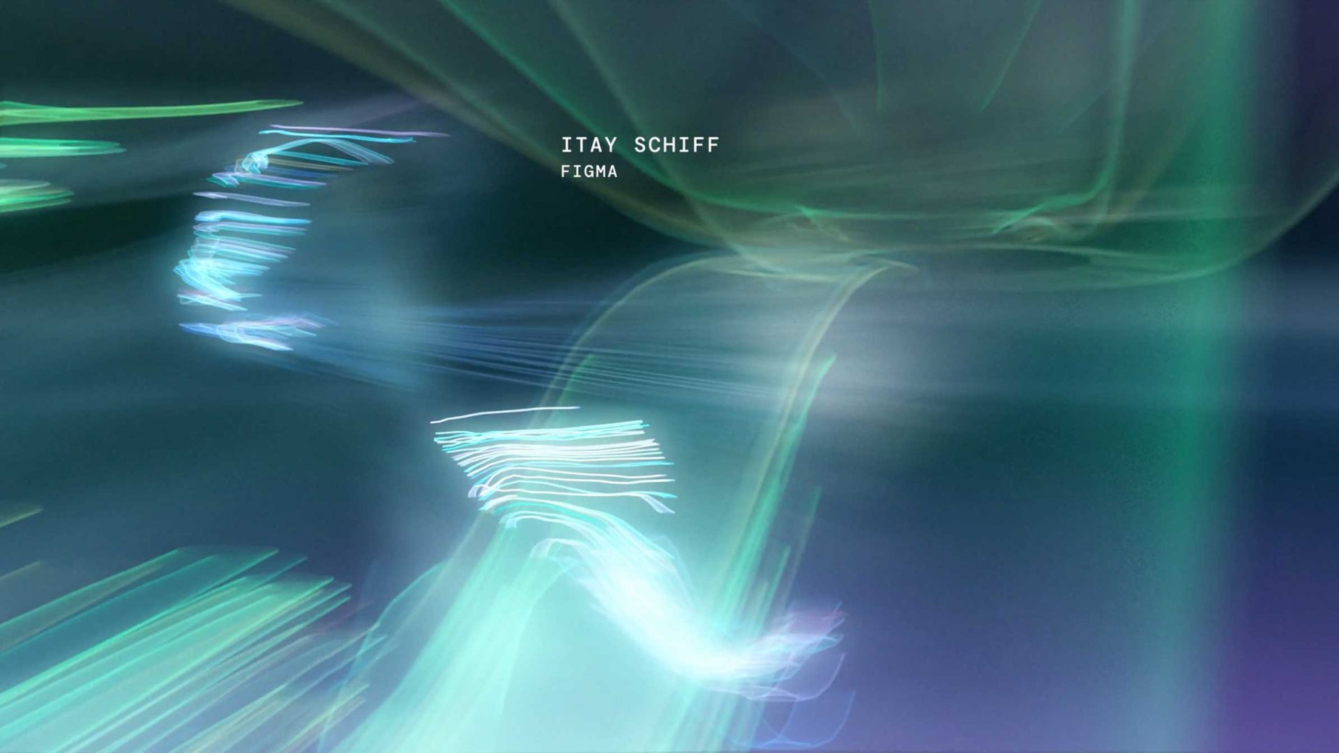 Abstract image with swirling, glowing blue and green light trails on a dark background. The text Itay Schiff and Figma appears in the center in fluent, typewriter-style font, evoking the creative spirit of Digital Design Days Milano 2026. Frame from Stash Magazine article.