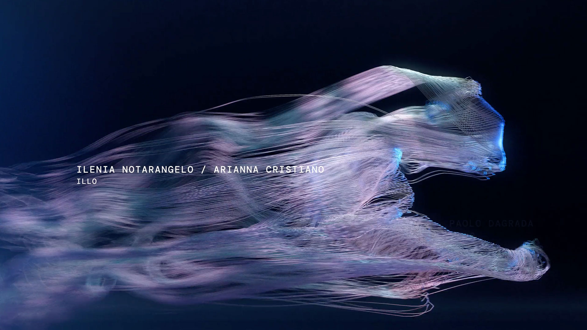 Abstract digital artwork of a human figure in motion, composed of light blue and purple flowing lines on a dark background. Featuring the names: Ilenia Notarangelo, Arianna Cristiano, Illo, and showcased at Digital Design Days. Frame from Stash Magazine article.