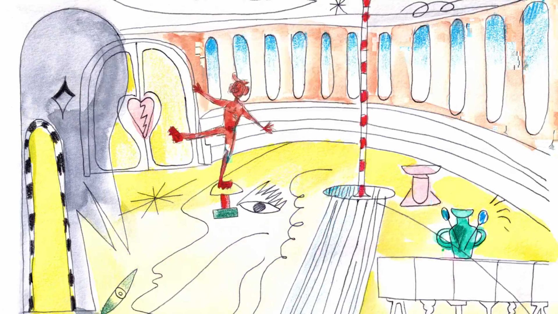 A whimsical, colorful drawing of a surreal room inspired by Spanish design, with arched windows, a broken heart symbol, a red figure balancing on one leg, a striped pole, and abstract shapes scattered across a yellow floor. Frame from Stash Magazine article.