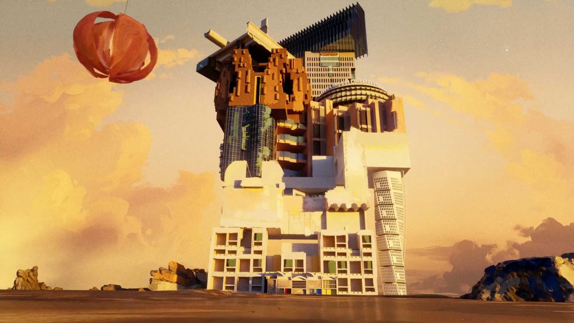 A surreal, multicolored building inspired by Spanish Design stands alone on a vast, empty landscape under a pastel sky, with a large, floating red-orange object reminiscent of La Llama from the acclaimed short film. Frame from Stash Magazine article.