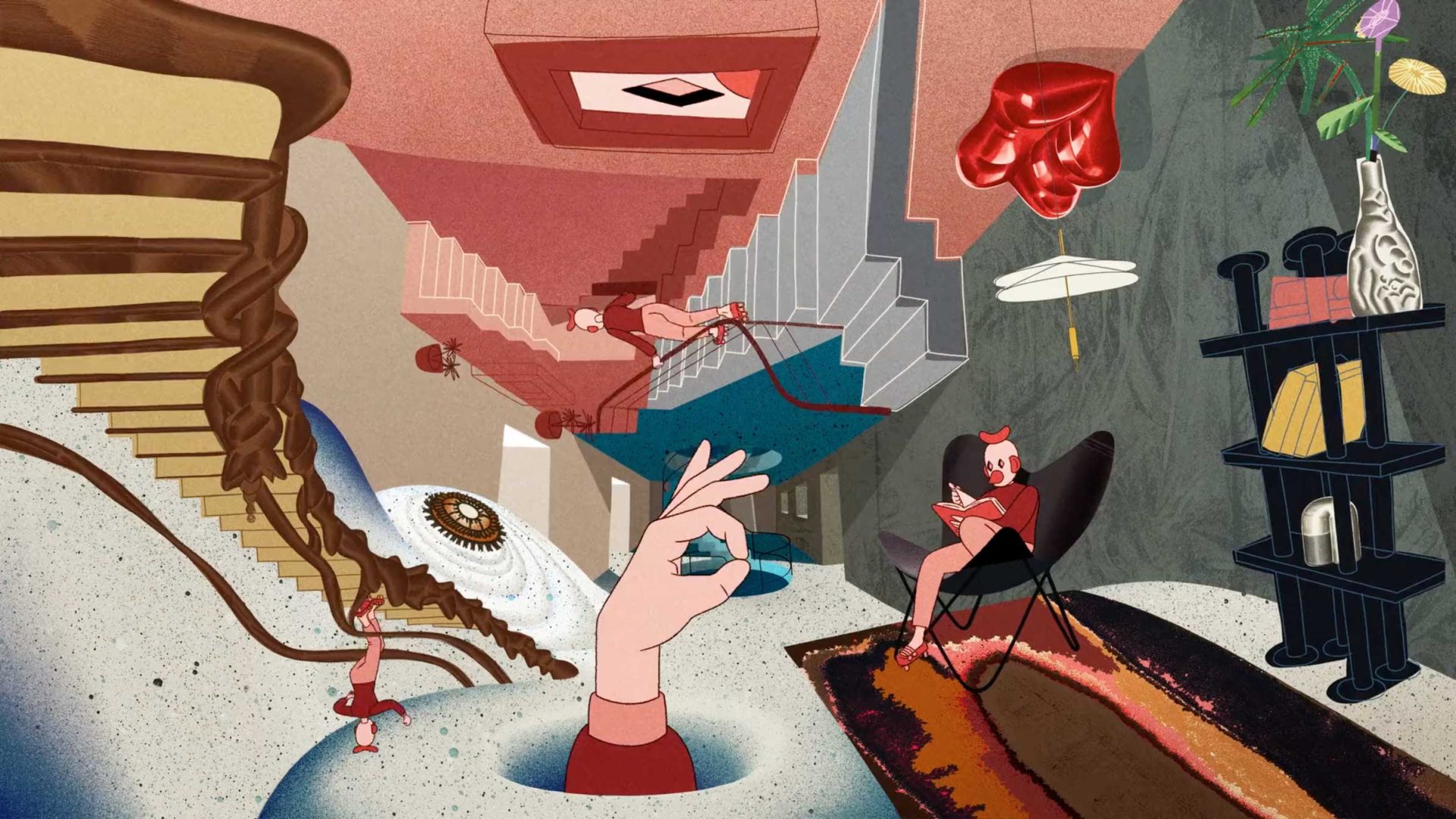 A surreal scene inspired by Spanish Design: floating staircases, oversized hands, an eye, a person reading on a chair, and scattered, dreamlike objects in distorted, whimsical spaces and vivid colors. Frame from Stash Magazine article.