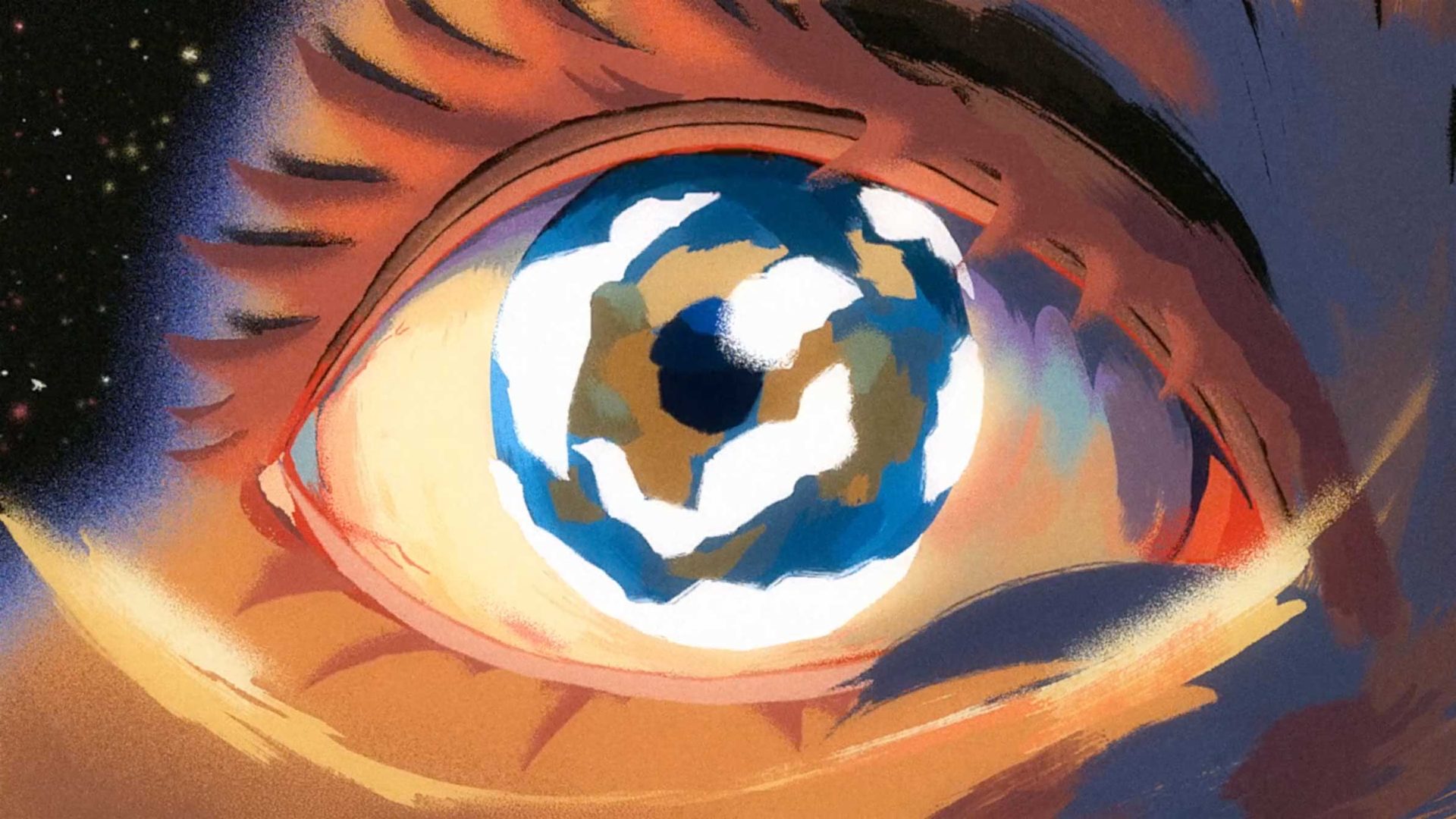 A close-up illustration of a human eye with an Earth-like iris, showing continents and oceans. Warmly lit skin surrounds it, set against a starry sky—echoing the unique vision of Directing Duo Turbo as seen in their La Llama short film. Frame from Stash Magazine article.