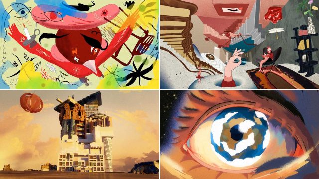 A collage of four surreal, colorful illustrations inspired by Directing Duo Turbo Celebrate Spanish Design With La Llama Short Film: abstract figures with eyes and hands, a distorted staircase scene, a whimsical building, and a vivid close-up eye. Frame from Stash Magazine article.