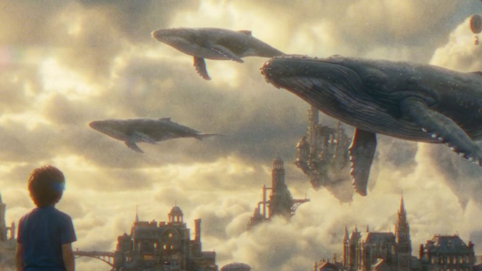 A child looks up at giant whales floating through a cloudy sky above a fantastical city with ornate, towering buildings, in a scene reminiscent of Director-Joe-Sill-Signs-with-Psyop’s imaginative storytelling. Frame from Stash Magazine article.