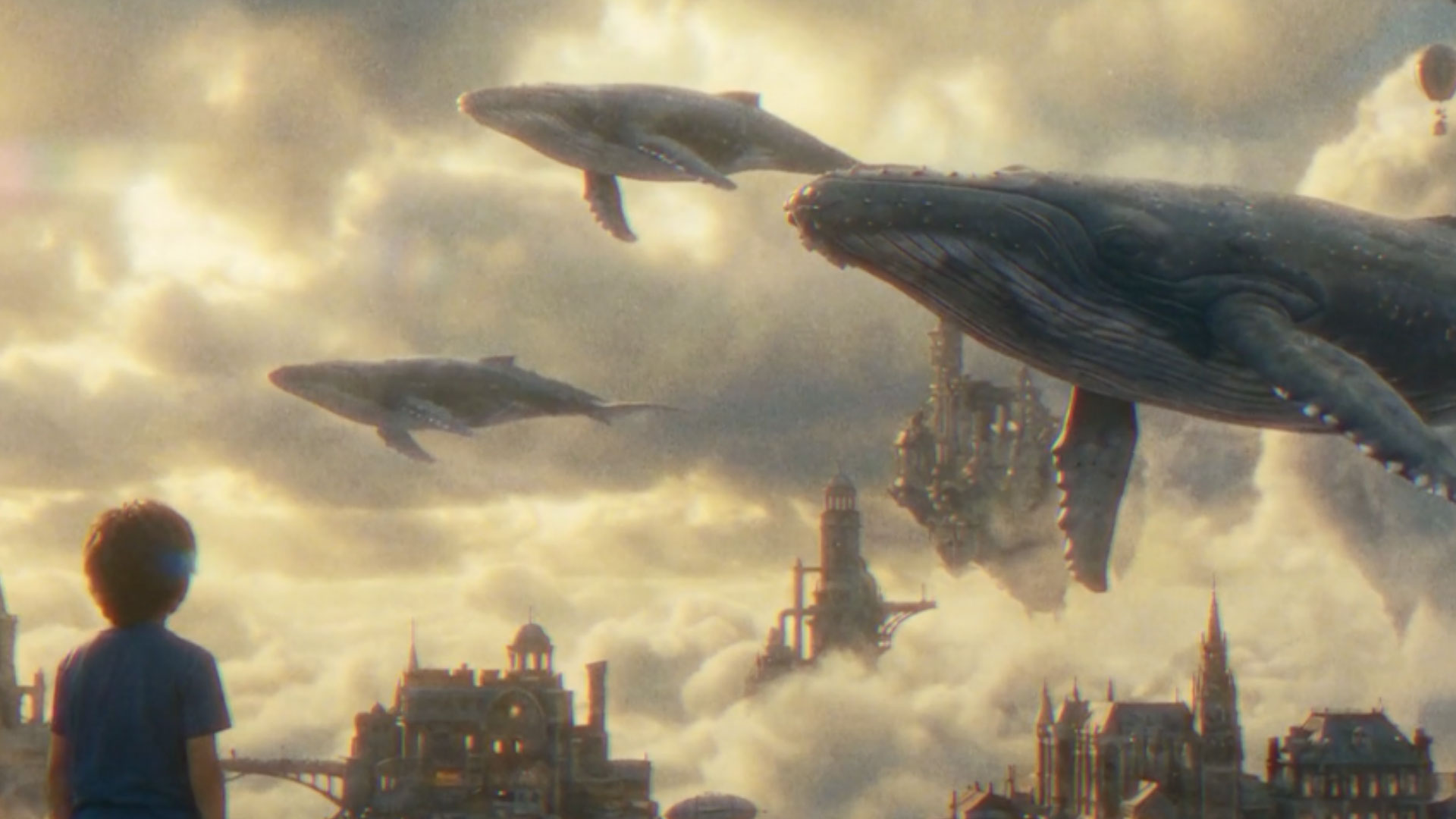 A child looks up at giant whales floating through a cloudy sky above a fantastical city with ornate, towering buildings, in a scene reminiscent of Director-Joe-Sill-Signs-with-Psyop’s imaginative storytelling. Frame from Stash Magazine article.