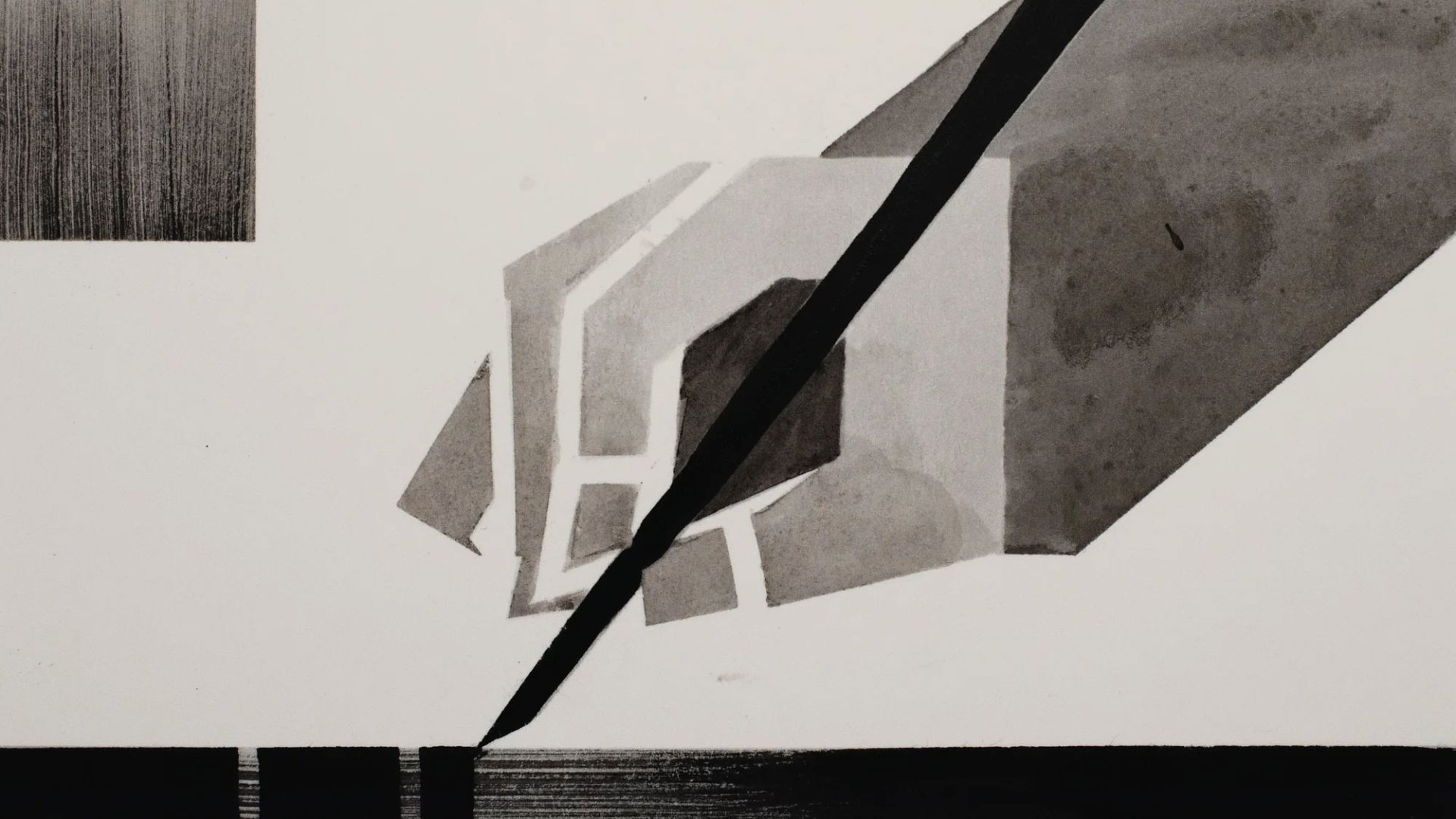 An abstract ink wash painting shows a geometric hand from Distance holding a long thin line that extends to a dark rectangular border at the bottom, evoking the weary hands of ordinary folk. Frame from Stash Magazine article.
