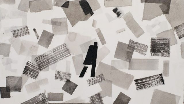 An abstract ink painting from the short film Distance by Ordinary Folk, featuring a solid black silhouette of a person standing amidst scattered gray rectangles and textured brushstrokes. Frame from Stash Magazine article.