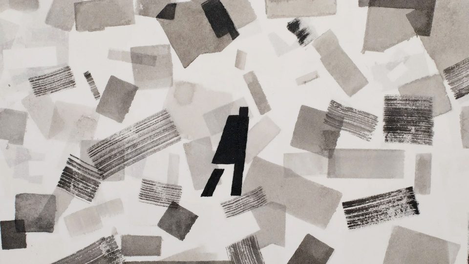 An abstract ink painting from the short film Distance by Ordinary Folk, featuring a solid black silhouette of a person standing amidst scattered gray rectangles and textured brushstrokes. Frame from Stash Magazine article.