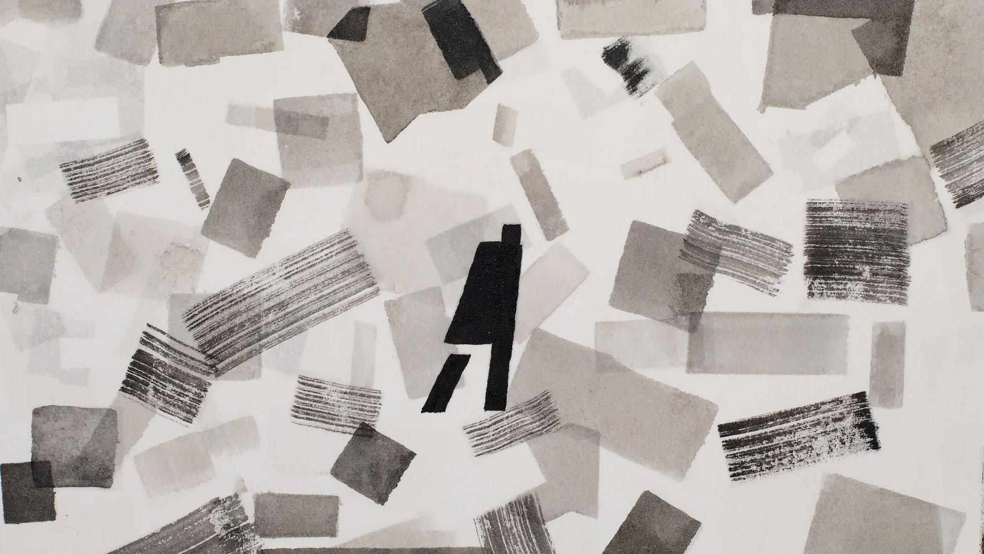 A solitary black figure stands in the center of an abstract short film composition featuring scattered gray and black rectangular shapes that evoke a sense of distance. Frame from Stash Magazine article.