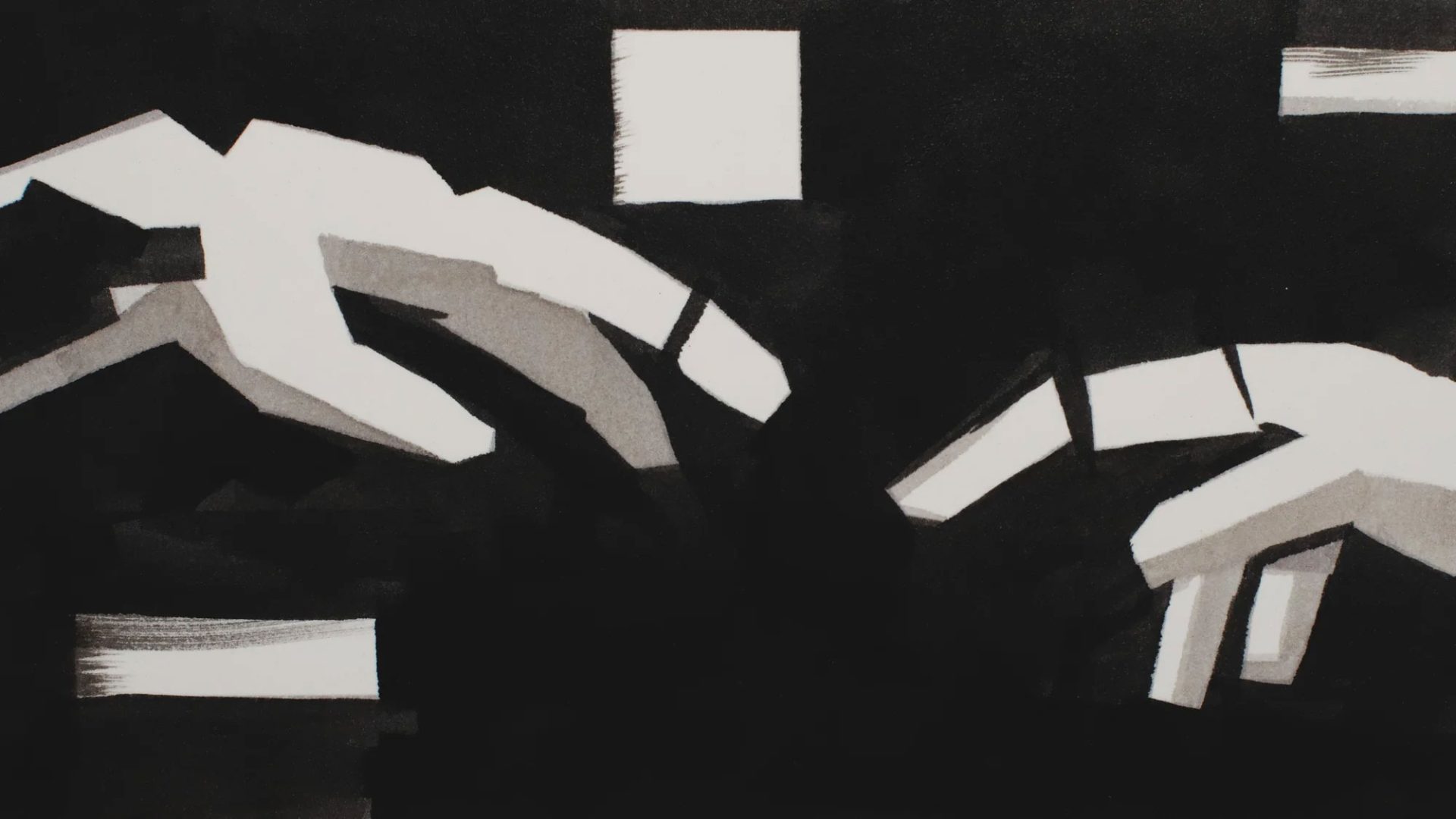 Two stylized, geometric hands from the short film Distance reach toward each other in a black-and-white illustration, with a small white square floating above the center. Frame from Stash Magazine article.