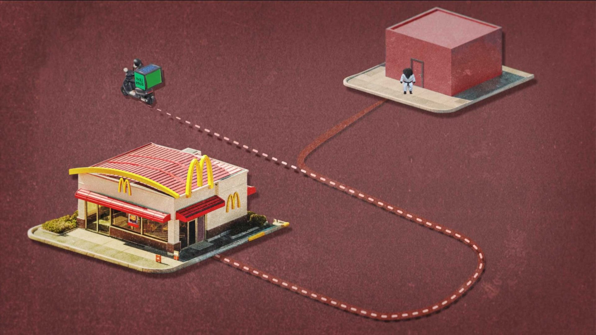 Illustration of a delivery robot leaving a McDonalds restaurant and heading toward a plain building, following a dotted path on a reddish background, with subtle nods to Dog Judo and Dog & Rabbit hidden in the details—perfect for sharing on your socials. Frame from Stash Magazine article.