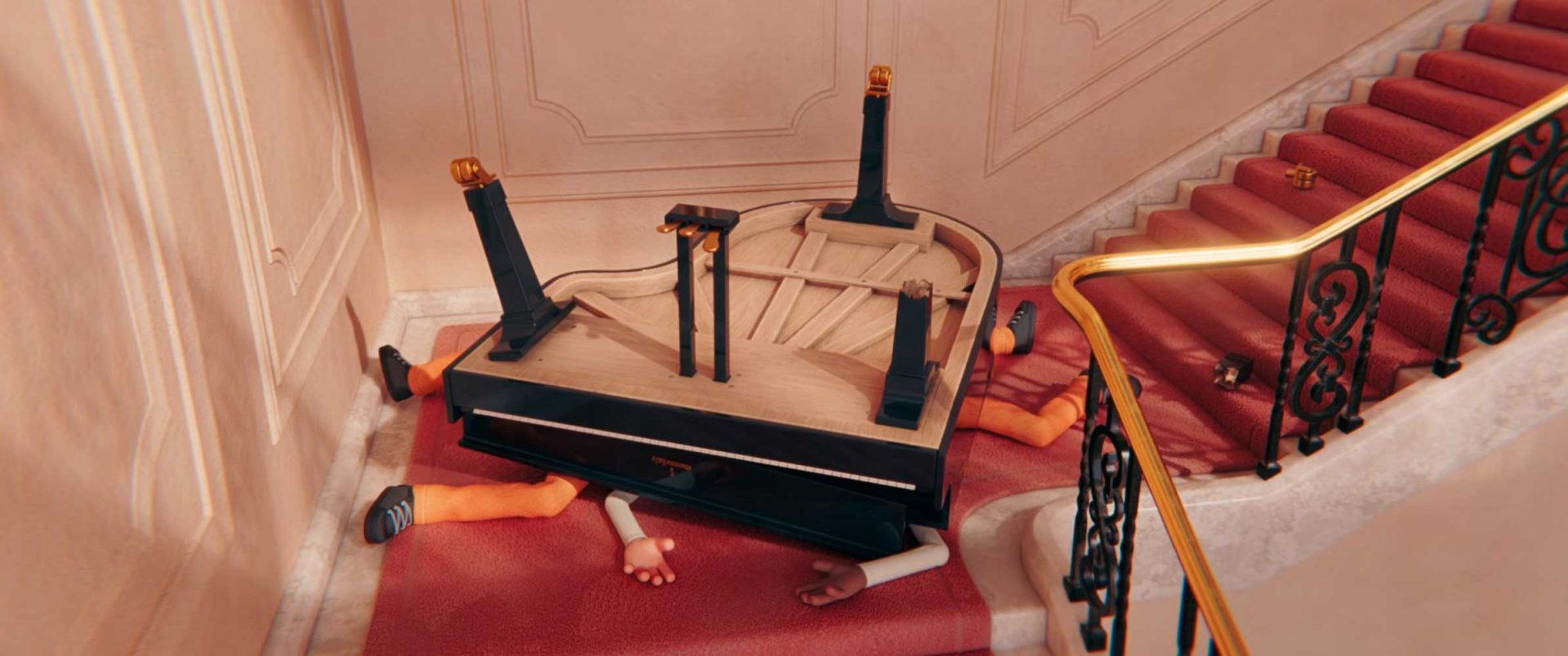A grand piano lies upside down on a red carpet at the bottom of a staircase, with four people’s arms and legs sticking out from underneath it, echoing the quirky, comedic style of Duet short film by Léo Brunel and Eddy. Frame from Stash Magazine article.