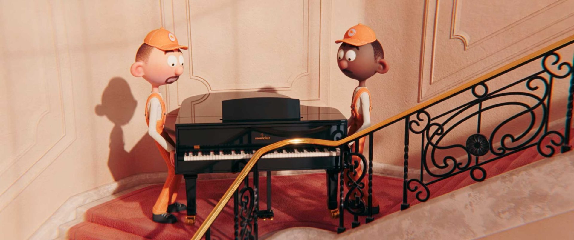 Two animated movers in orange uniforms struggle to move a black grand piano up a red-carpeted staircase in an elegant building—a comedic duet brought to life in this short film by Léo Brunel. Frame from Stash Magazine article.