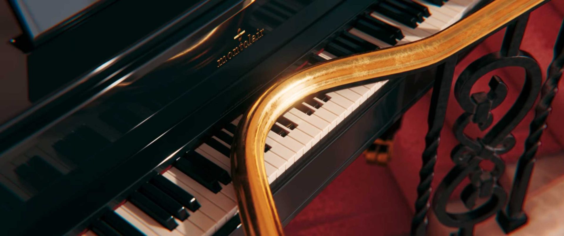 Close-up of a black grand piano with white and black keys, featuring a gold saxophone resting on the keyboard, reminiscent of a scene from Léo Brunel’s Duet short film, with an ornate black iron music stand nearby. Frame from Stash Magazine article.