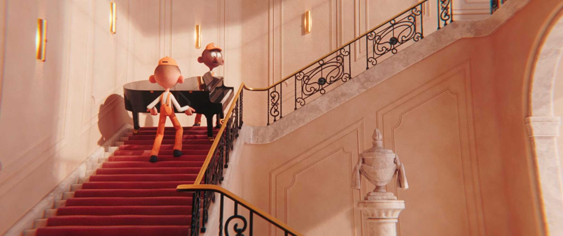 Two animated characters, one orange and one brown, both wearing orange hats and suits, stand on a grand staircase with a red carpet—inside an elegant, sunlit building. This stylish duet hints at the playful spirit of a Léo Brunel short film. Frame from Stash Magazine article.