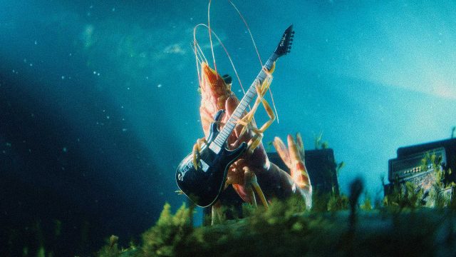A shrimp underwater is holding and playing an electric guitar, surrounded by aquatic plants and amplifiers with beams of light filtering through the water—setting the stage for a rocking Eat the Wild - Skull Island Prawns commercial. Frame from Stash Magazine article.