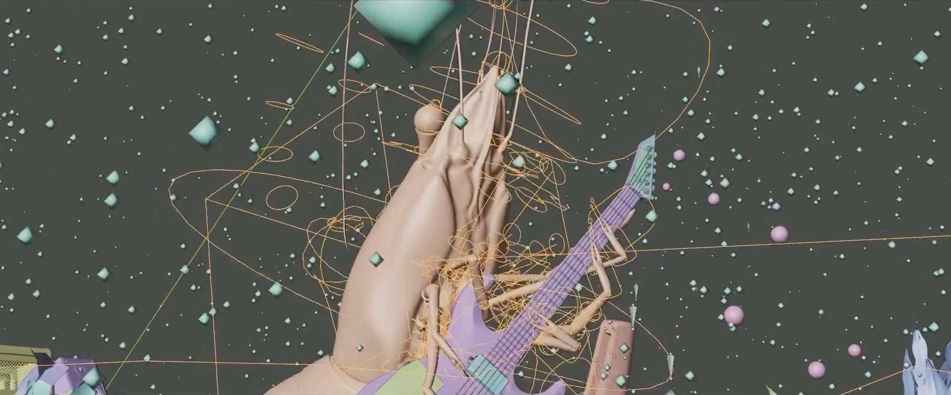 Two nude mannequin-like legs are raised among floating pastel geometric shapes and swirling lines, with a purple electric guitar resting against them, set against a dark background—a surreal scene that evokes the untamed spirit of Eat the Wild on Skull Island. Frame from Stash Magazine article.