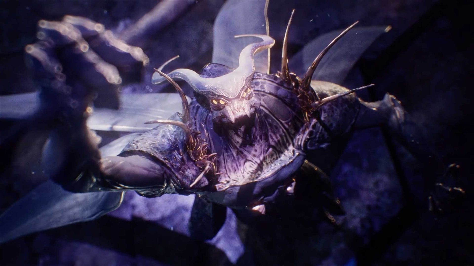 A fierce, horned demon-like creature with glowing eyes, sharp teeth, spiked armor, and outstretched claw, bathed in purple light, appears to lunge toward the viewer—an image reminiscent of the epic motion design seen in an Endless Legend 2 trailer. Frame from Stash Magazine article.