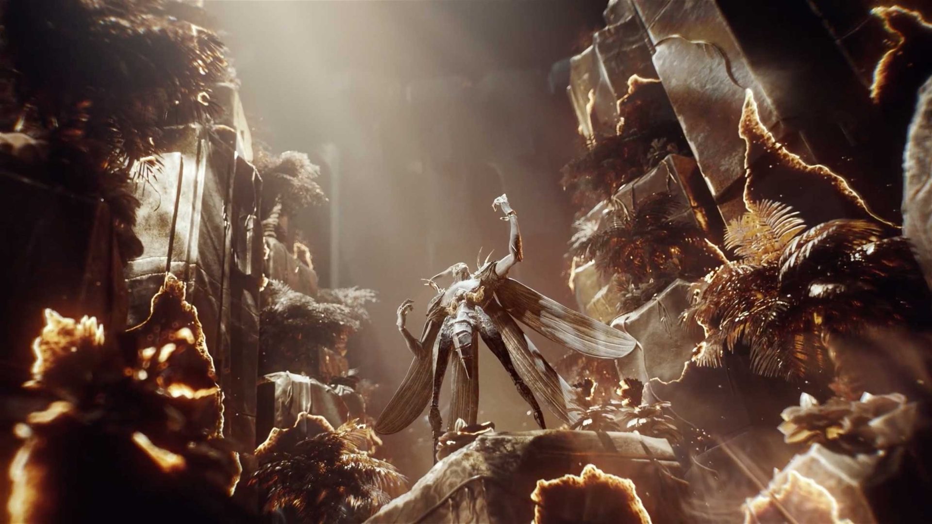 A humanoid creature with insect wings stands triumphantly on a rocky ledge, surrounded by jagged cliffs and glowing, fantastical plants under dramatic golden light, evoking the otherworldly atmosphere of an Endless Legend 2 game trailer by Unit Motion Design. Frame from Stash Magazine article.
