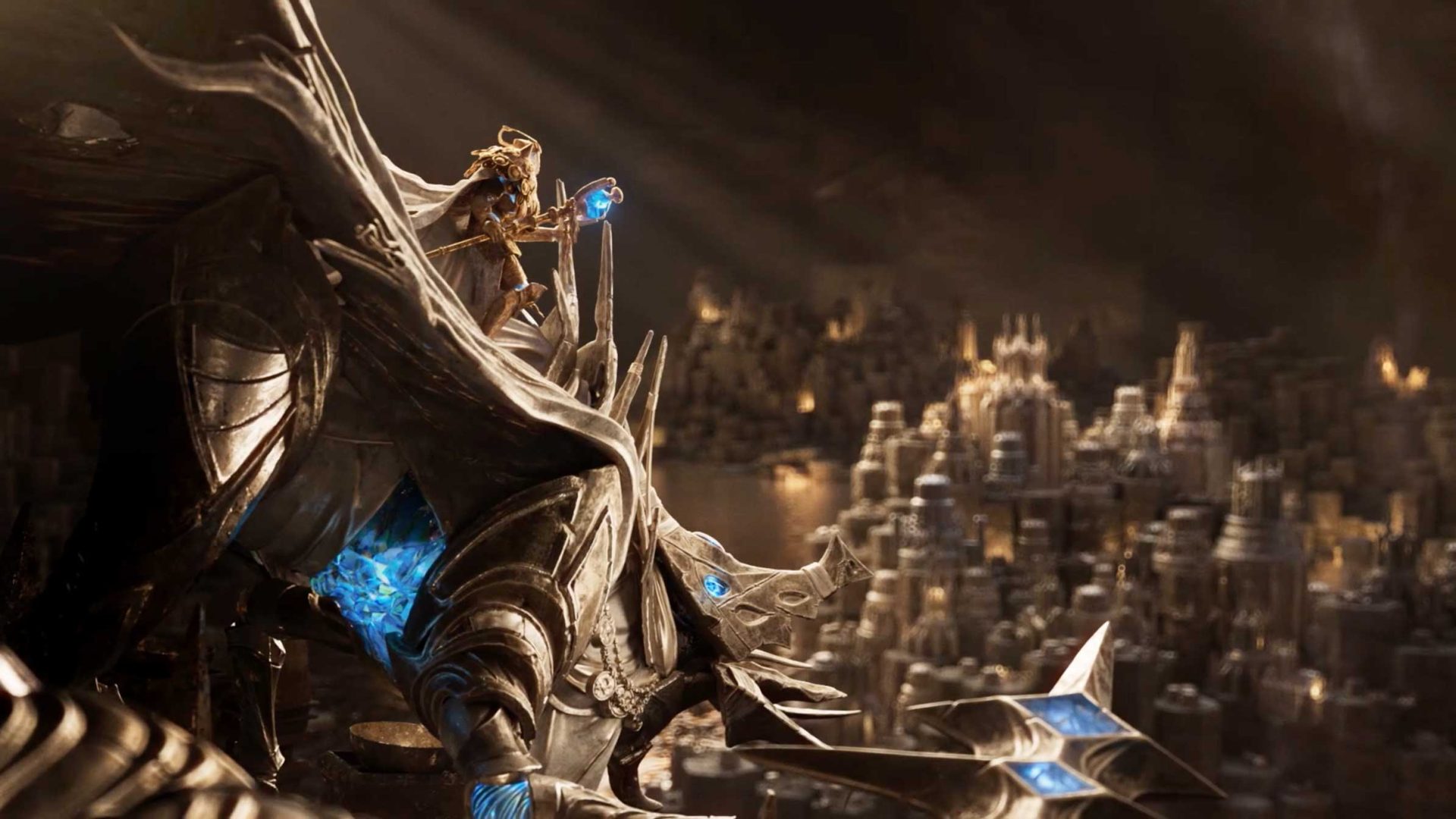A huge armored figure with glowing blue elements sits atop a throne, overlooking a vast, detailed city illuminated by soft light. Reminiscent of an epic Endless Legend 2 trailer, the fantasy-themed scene is dramatic and cinematic, evoking striking motion design qualities throughout. Frame from Stash Magazine article.