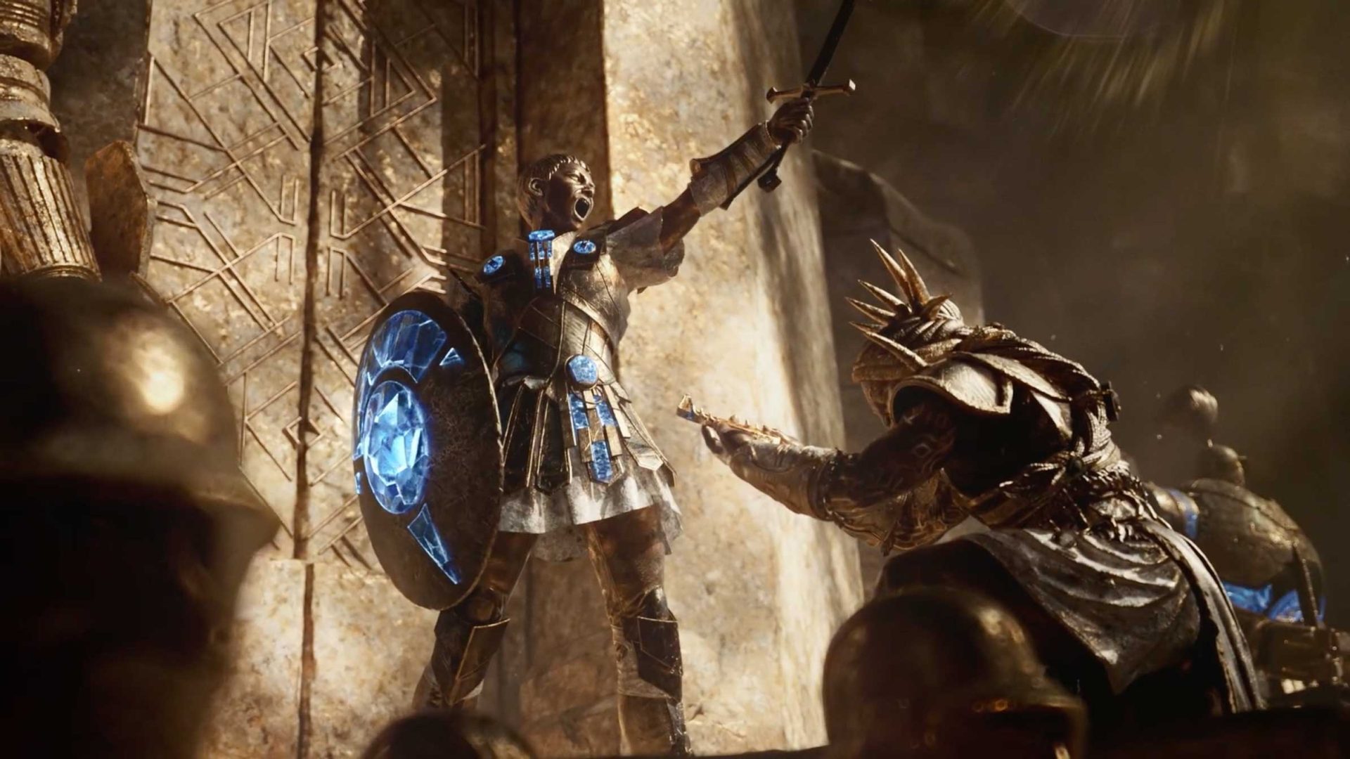 A warrior holding a glowing blue sword and shield stands over a kneeling armored enemy in a stone chamber with intricate carvings, evoking the epic atmosphere of the Endless Legend 2 game trailer by Unit Motion Design. Frame from Stash Magazine article.