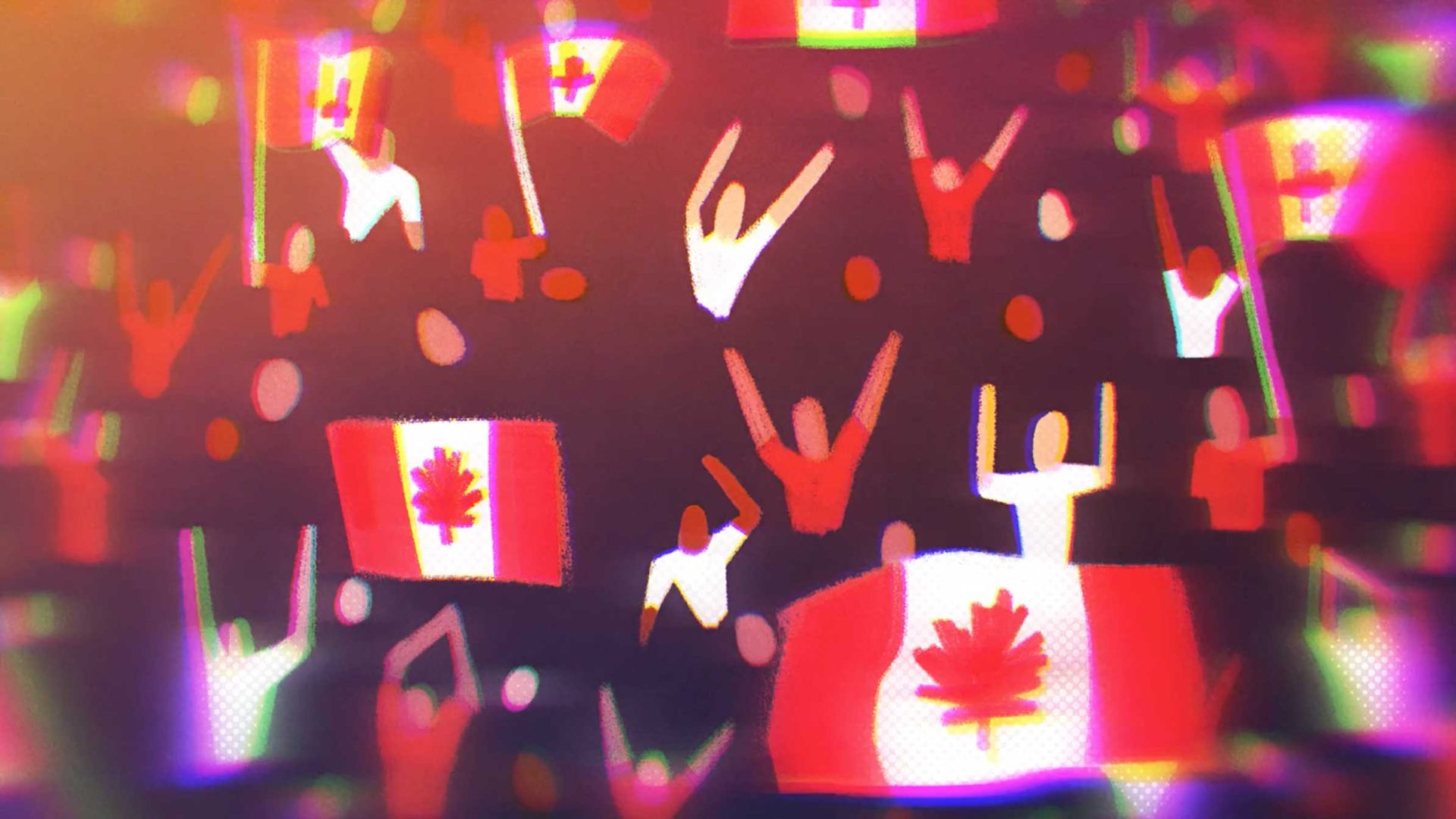 Illustration of a cheering crowd holding and waving multiple Canadian flags, with figures in red and white raising their arms in celebration. The vibrant, energetic scene channels the spirit of Ryan Reynolds with a soft, glowing effect. Frame from Stash Magazine article.