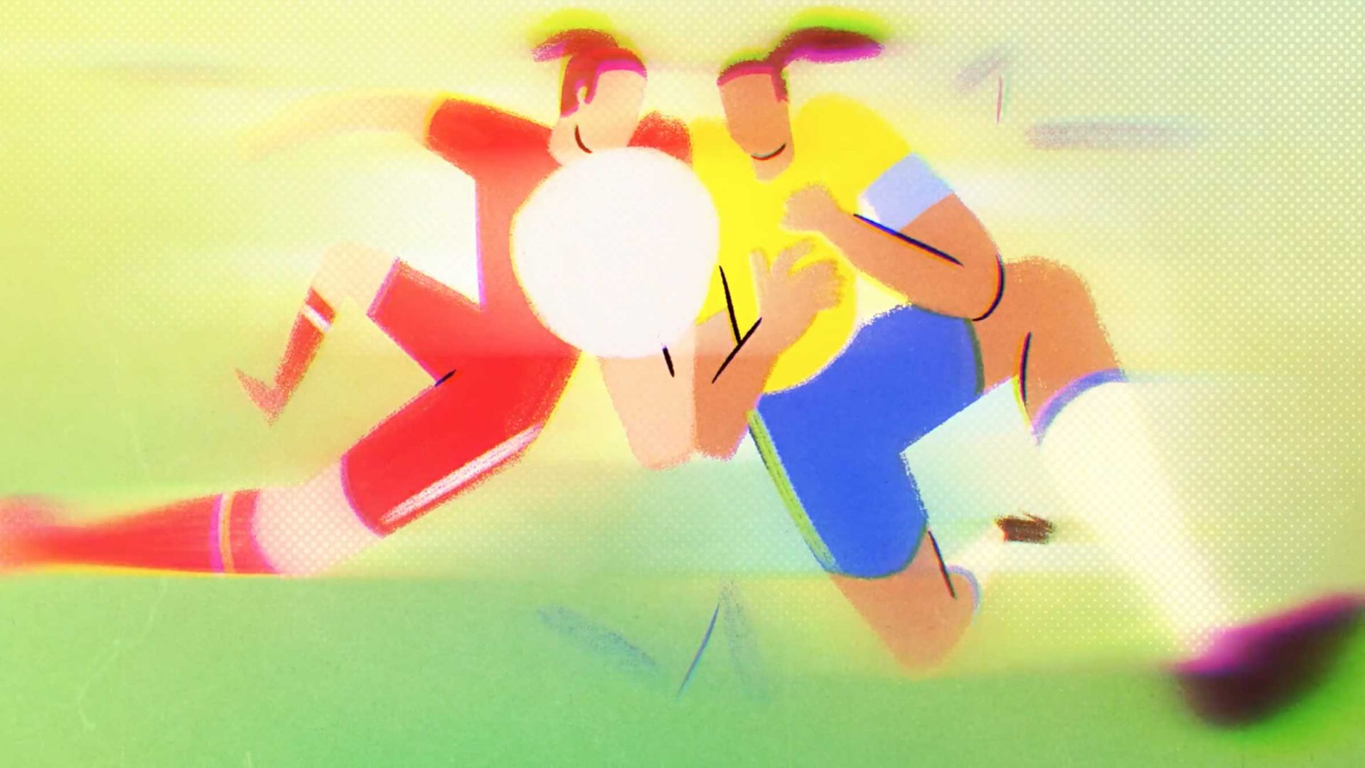 Two soccer players with ponytails, one in a red uniform and one in a yellow and blue uniform, collide while competing for the ball at the center—reminiscent of Christine Sinclair’s determined style—set against a blurred green background. Frame from Stash Magazine article.