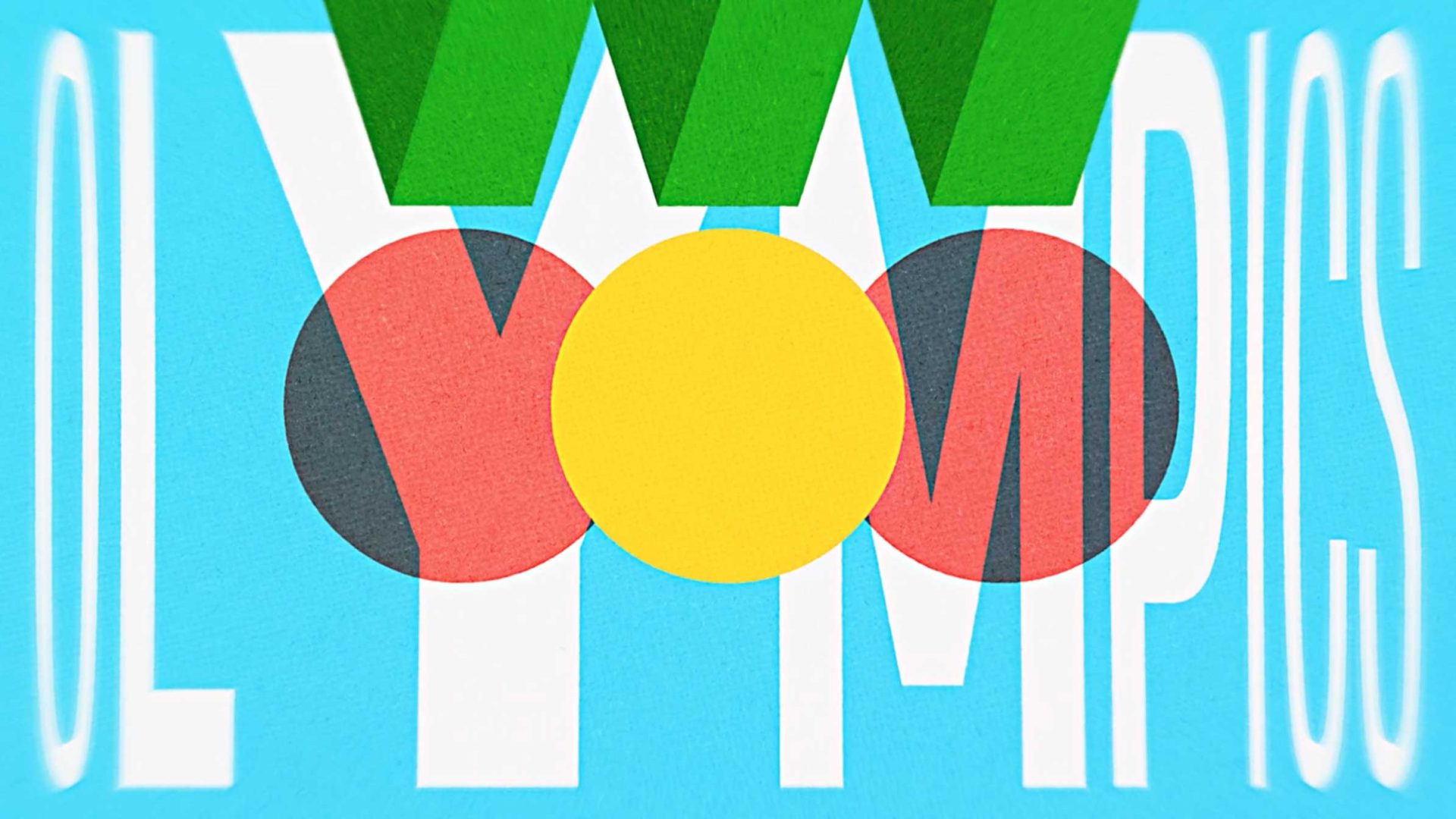 Stylized graphic with the word OLYMPICS in white on blue, designed by Eoin Duffy. Overlapping circles in black, yellow, and red replace the Y and M, with green triangles above. Frame from Stash Magazine article.
