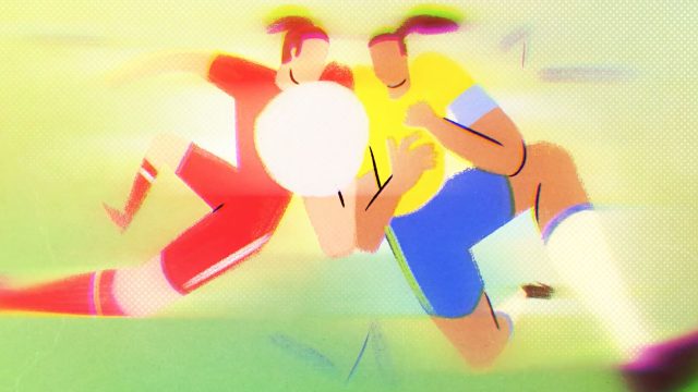 Two soccer players with ponytails, one in a red uniform and one in yellow and blue, compete for the ball on a grassy field. The colorful, stylized image features blurred motion inspired by Eoin-Duffy-&-Ryan-Reynolds-Want-You-to-Know-Christine-Sinclair-is-'Kind-of-a-Big-Deal'. Frame from Stash Magazine article.