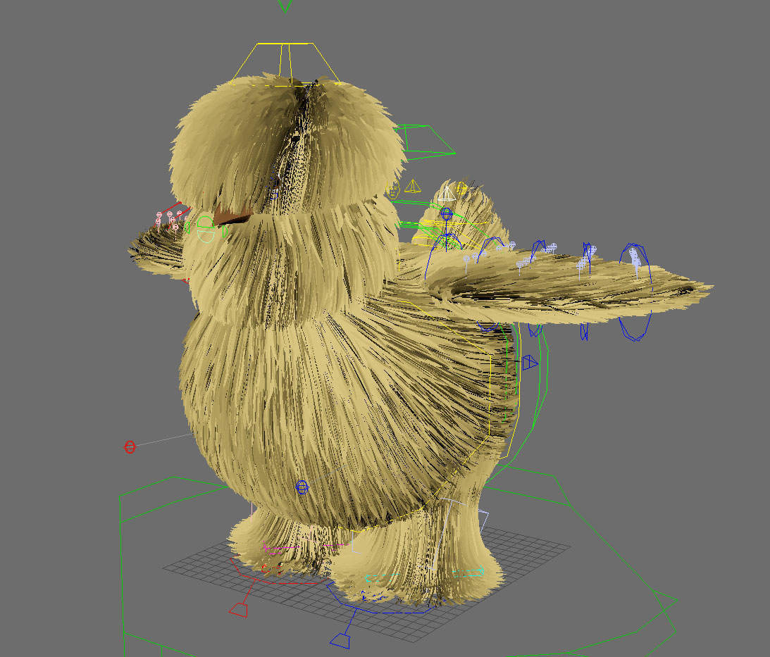 A 3D model of a fluffy, yellow Lumberfly—a bird-like creature with spread wings—stands upright on two feet. Blue and green rigging controls are visible around the model, indicating animation or manipulation tools. Frame from Stash Magazine article.